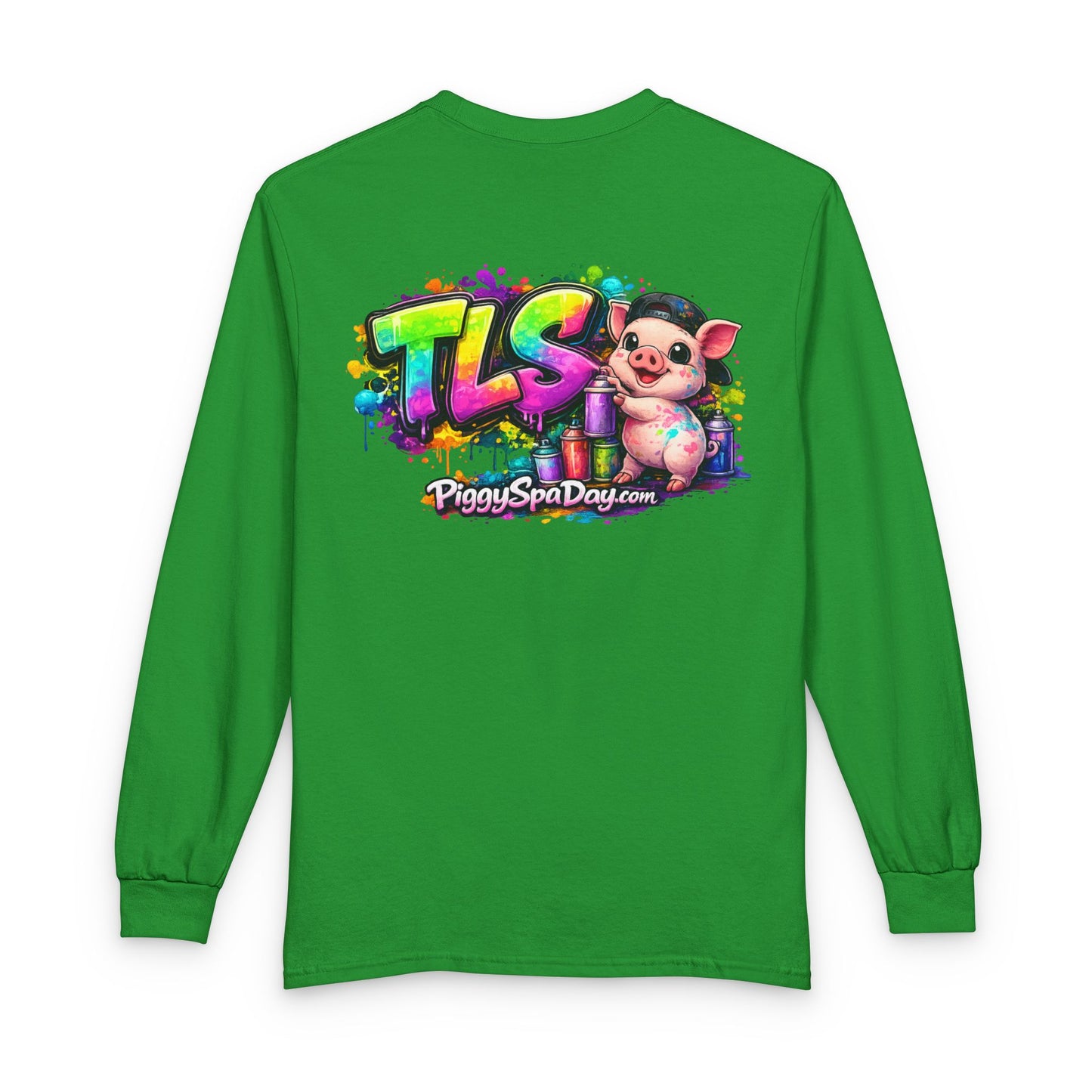 Long Sleeve T-Shirt — Colorful "TLS" Pig Logo, Cute PiggySpaDay Graphic