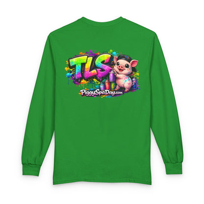 Long Sleeve T-Shirt — Colorful "TLS" Pig Logo, Cute PiggySpaDay Graphic