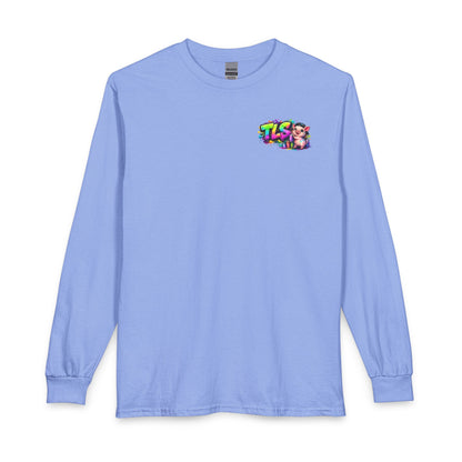 Long Sleeve T-Shirt — Colorful "TLS" Pig Logo, Cute PiggySpaDay Graphic