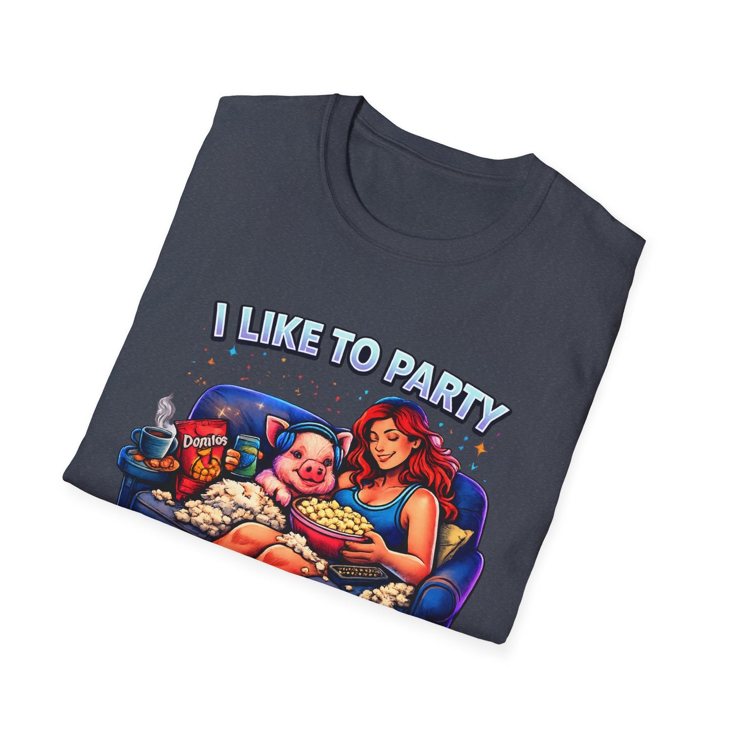 I Like to Party T-Shirt — Funny Mini Pig Couch & Snacks Graphic Tee