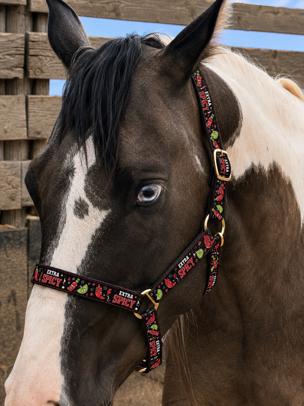 Extra Spicy Horse Halter | Chili Pepper Print Nylon Halter | Funny Horse Tack | Adjustable Horse Halter | Black Red Lime Tack