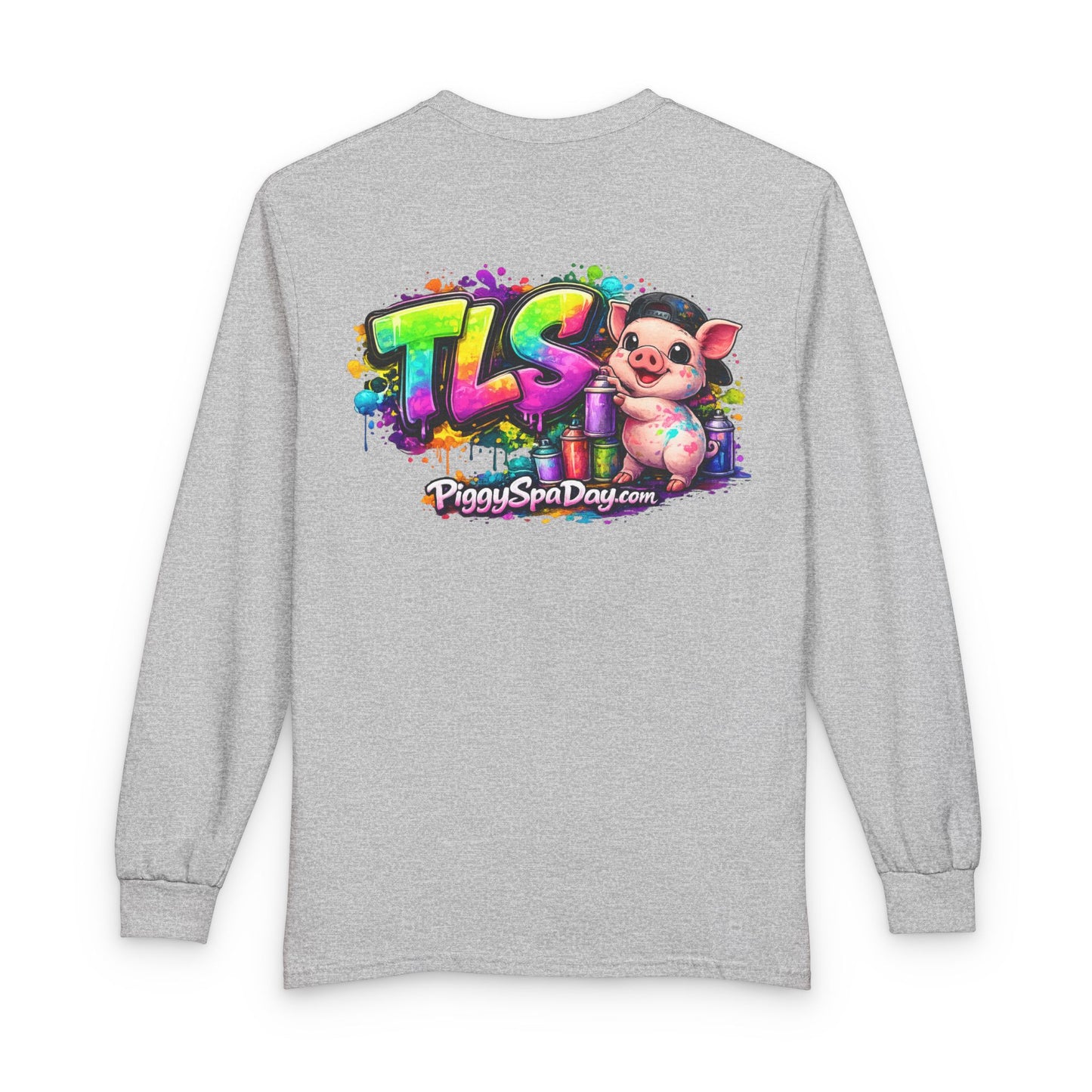 Long Sleeve T-Shirt — Colorful "TLS" Pig Logo, Cute PiggySpaDay Graphic