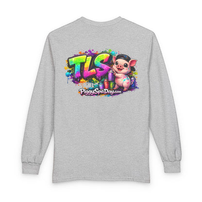 Long Sleeve T-Shirt — Colorful "TLS" Pig Logo, Cute PiggySpaDay Graphic