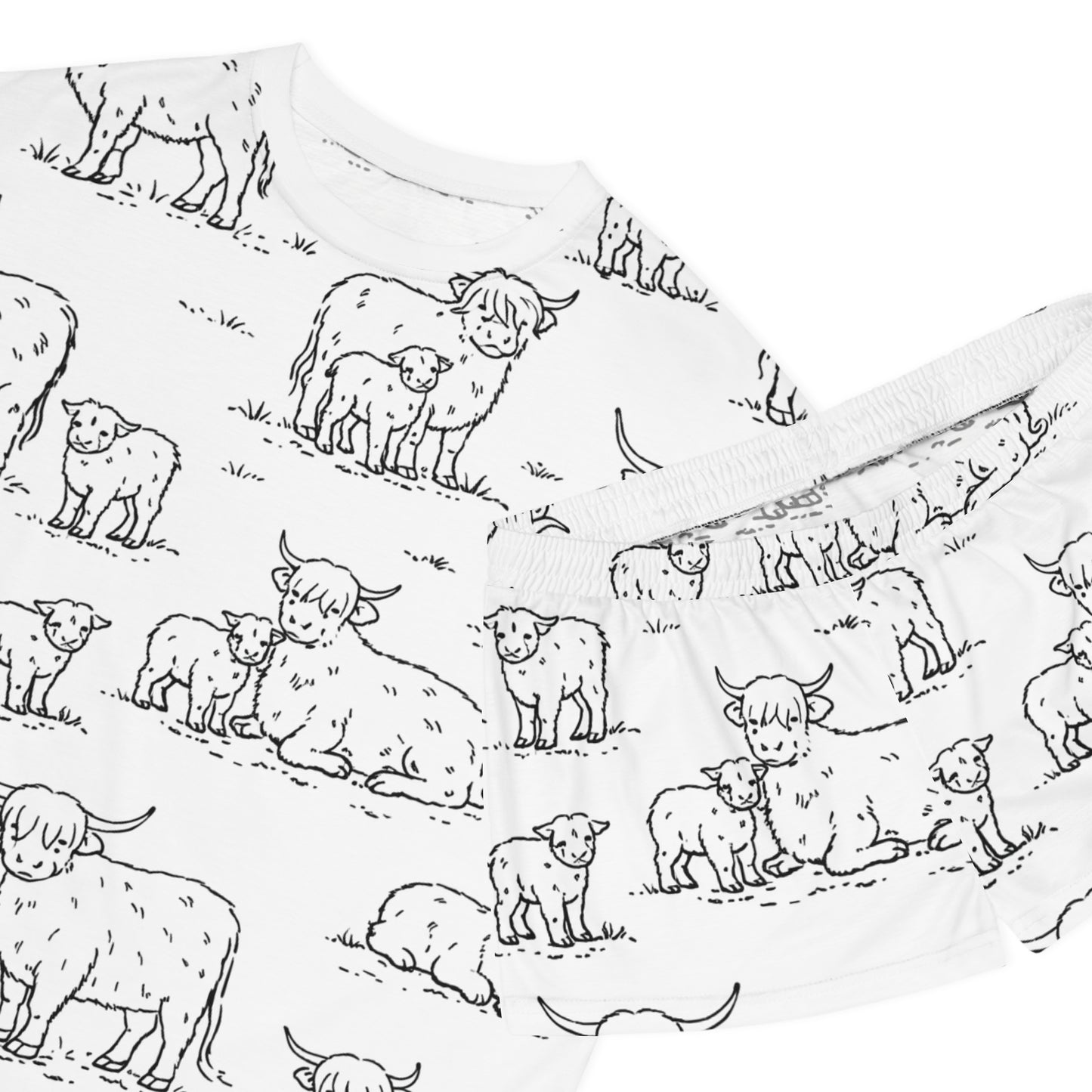 Highland Cow Print Women’s Short Pajama Set – Cute Black & White Farm Animal Loungewear