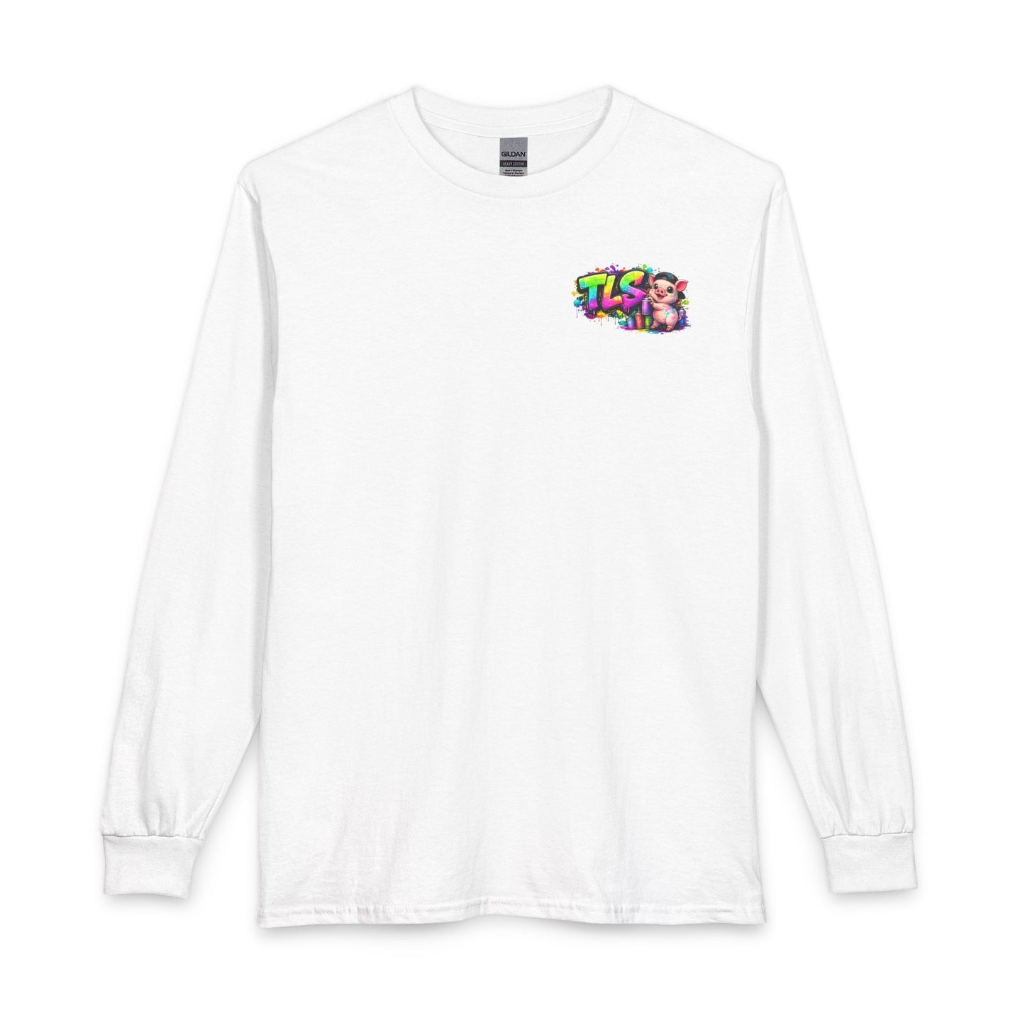Long Sleeve T-Shirt — Colorful "TLS" Pig Logo, Cute PiggySpaDay Graphic