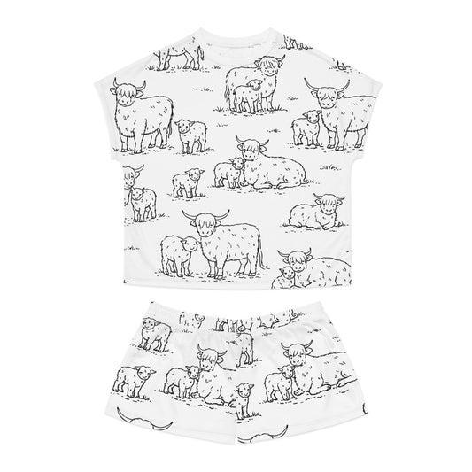 Highland Cow Print Women’s Short Pajama Set – Cute Black & White Farm Animal Loungewear