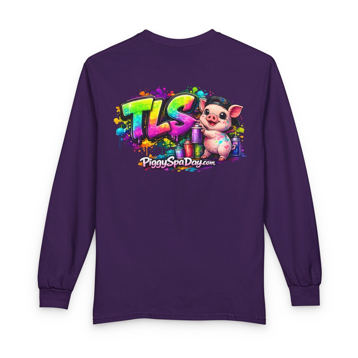 Long Sleeve T-Shirt — Colorful "TLS" Pig Logo, Cute PiggySpaDay Graphic