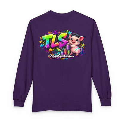 Long Sleeve T-Shirt — Colorful "TLS" Pig Logo, Cute PiggySpaDay Graphic