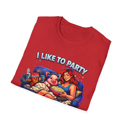 I Like to Party T-Shirt — Funny Mini Pig Couch & Snacks Graphic Tee