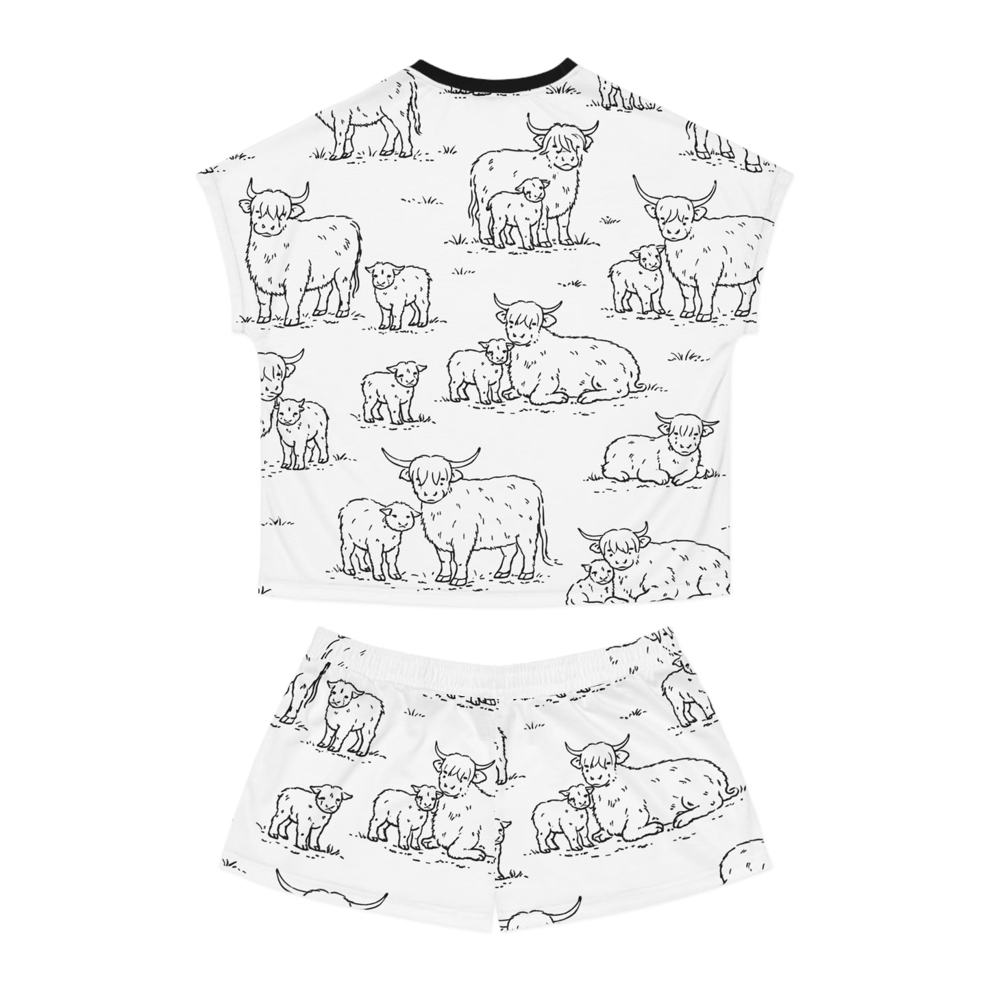 Highland Cow Print Women’s Short Pajama Set – Cute Black & White Farm Animal Loungewear