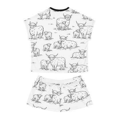 Highland Cow Print Women’s Short Pajama Set – Cute Black & White Farm Animal Loungewear