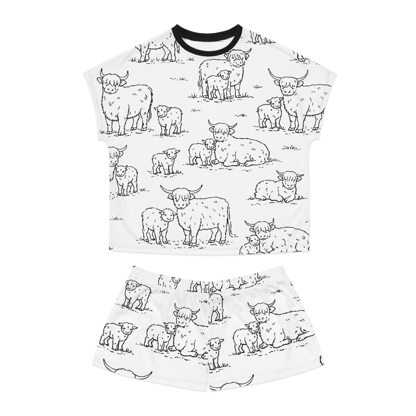 Highland Cow Print Women’s Short Pajama Set – Cute Black & White Farm Animal Loungewear