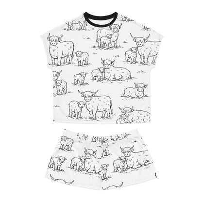 Highland Cow Print Women’s Short Pajama Set – Cute Black & White Farm Animal Loungewear