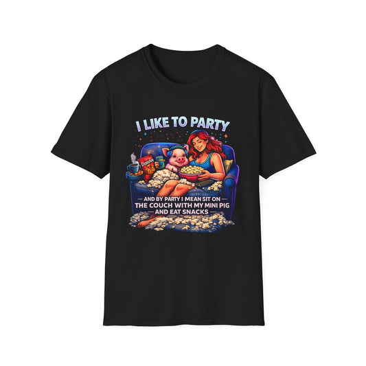 I Like to Party T-Shirt — Funny Mini Pig Couch & Snacks Graphic Tee