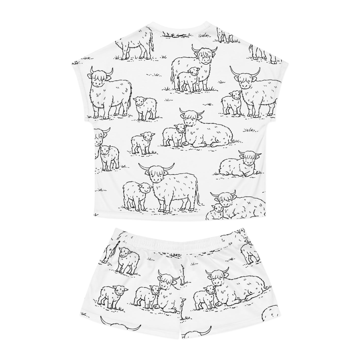 Highland Cow Print Women’s Short Pajama Set – Cute Black & White Farm Animal Loungewear