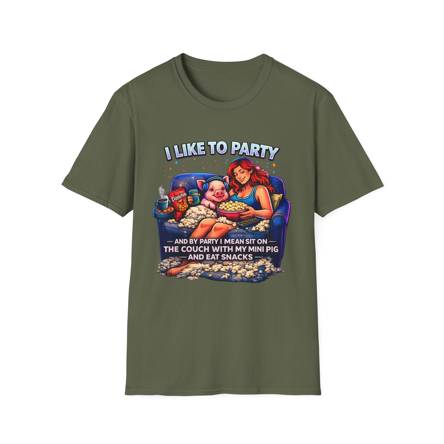 I Like to Party T-Shirt — Funny Mini Pig Couch & Snacks Graphic Tee