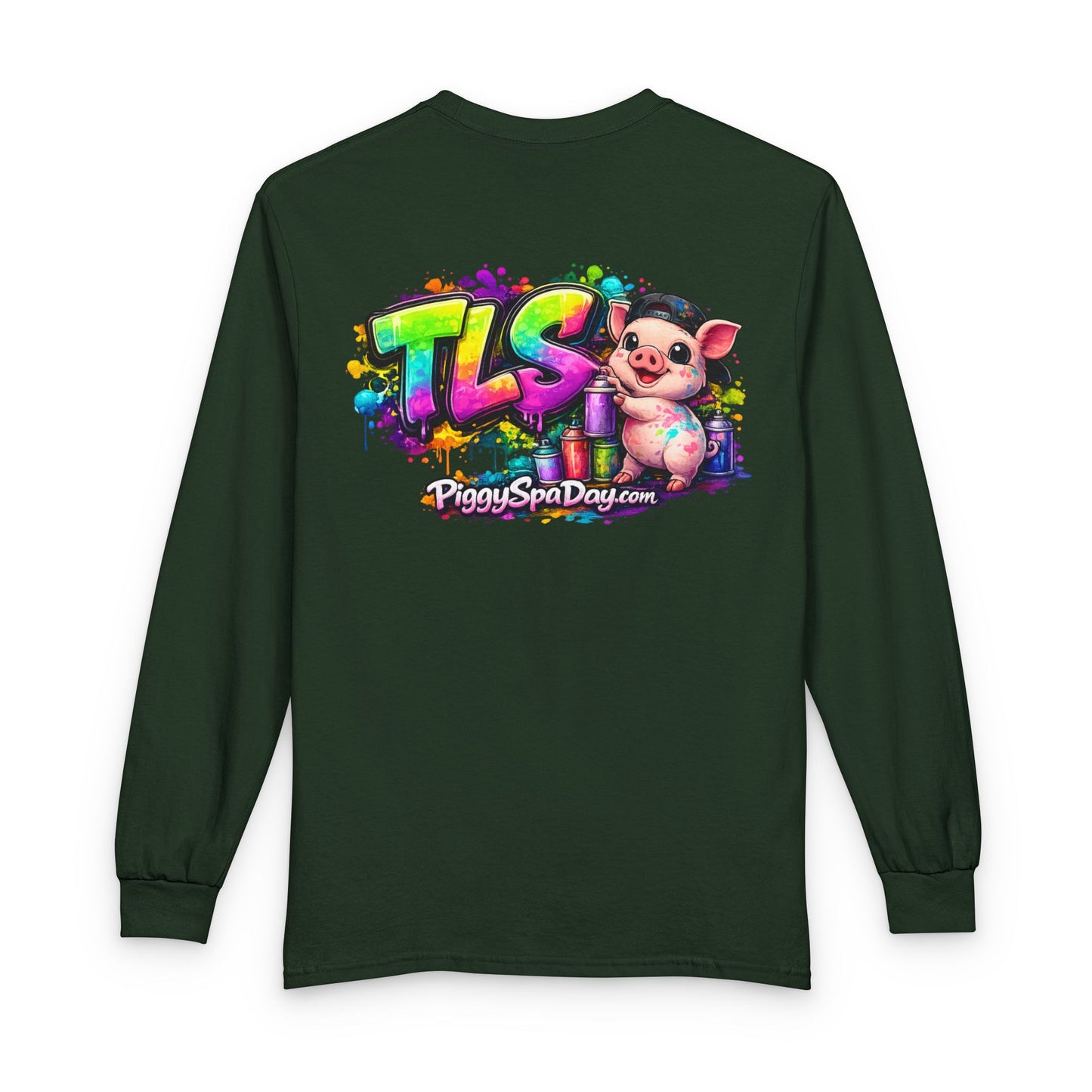 Long Sleeve T-Shirt — Colorful "TLS" Pig Logo, Cute PiggySpaDay Graphic