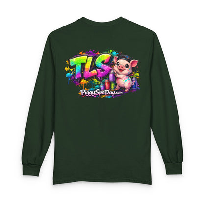 Long Sleeve T-Shirt — Colorful "TLS" Pig Logo, Cute PiggySpaDay Graphic