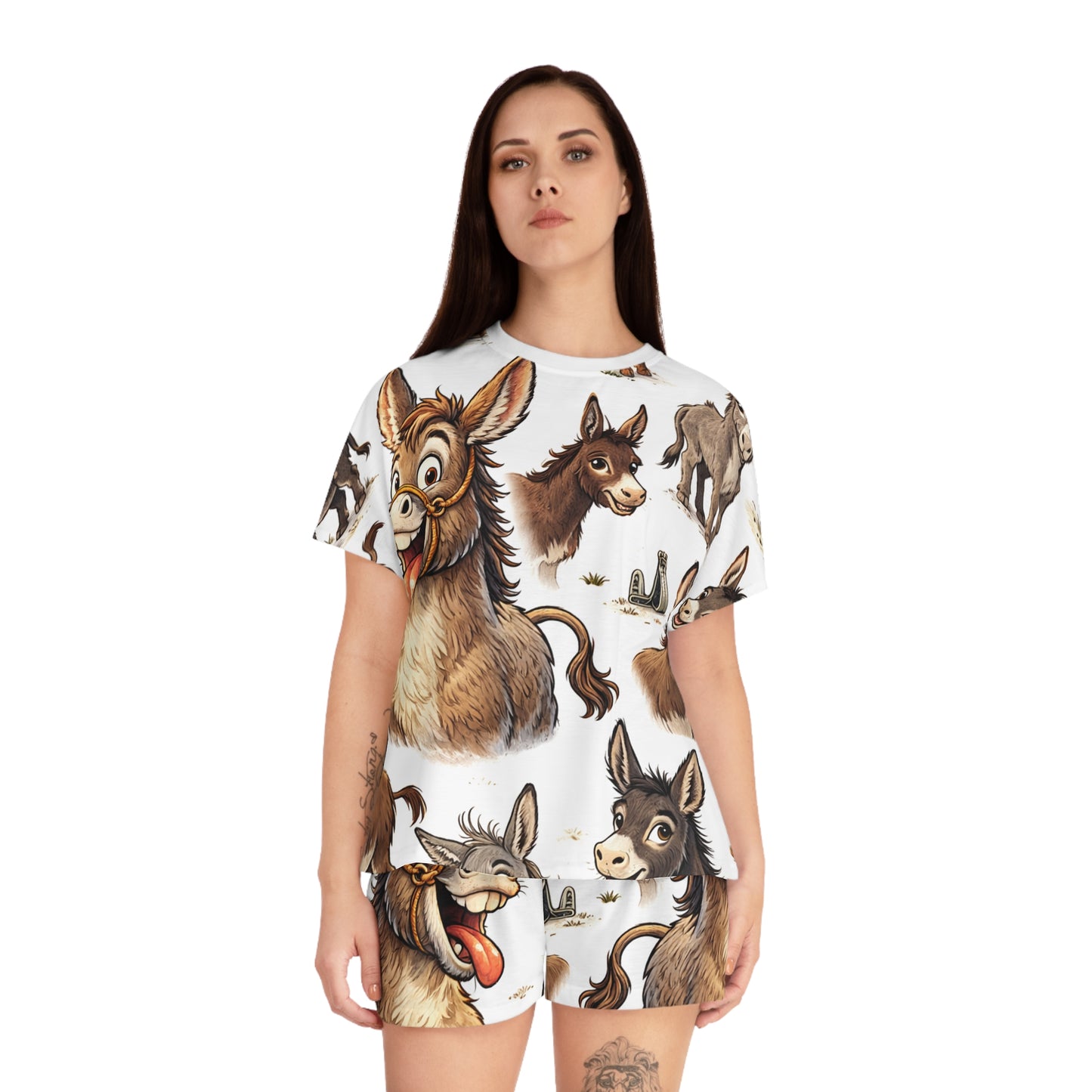 Donkey Print Women's Short Pajama Set – Cute Cartoon Donkey Sleepwear