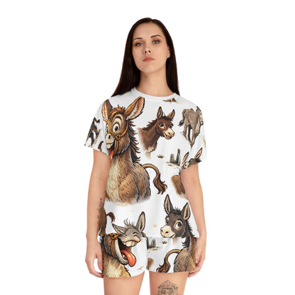 Donkey Print Women's Short Pajama Set – Cute Cartoon Donkey Sleepwear