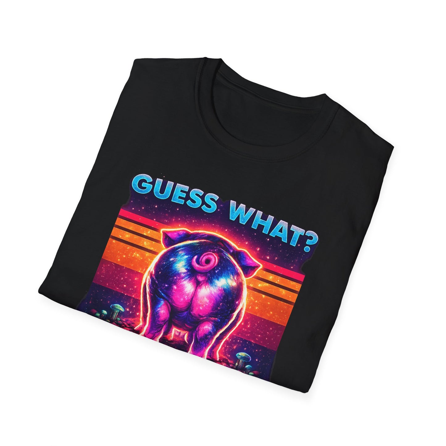 T-Shirt — "Guess What? Mini Pig Butt" Retro Neon Graphic Tee