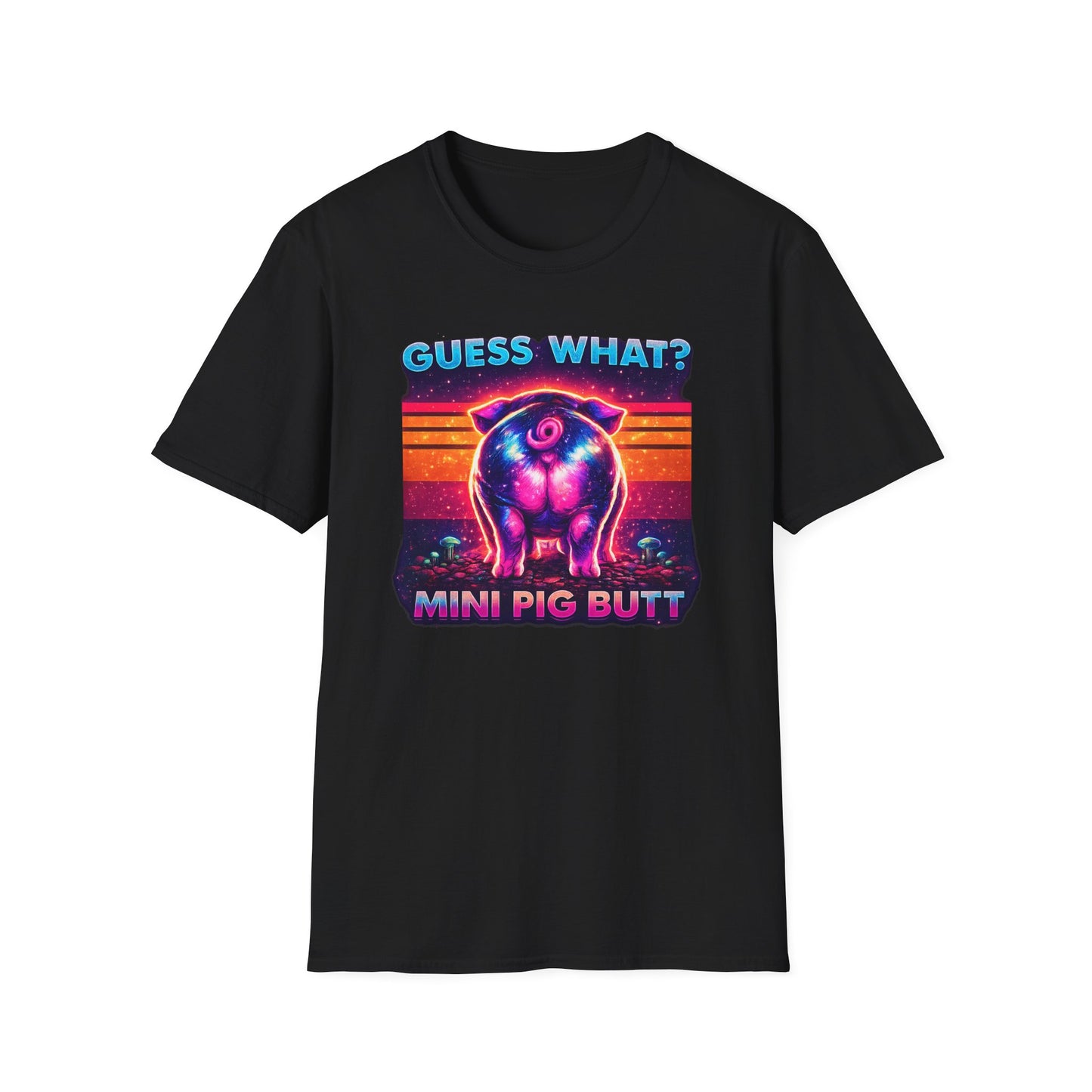 T-Shirt — "Guess What? Mini Pig Butt" Retro Neon Graphic Tee