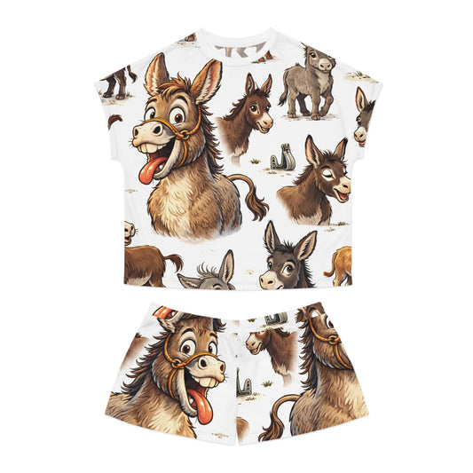 Donkey Print Women's Short Pajama Set – Cute Cartoon Donkey Sleepwear