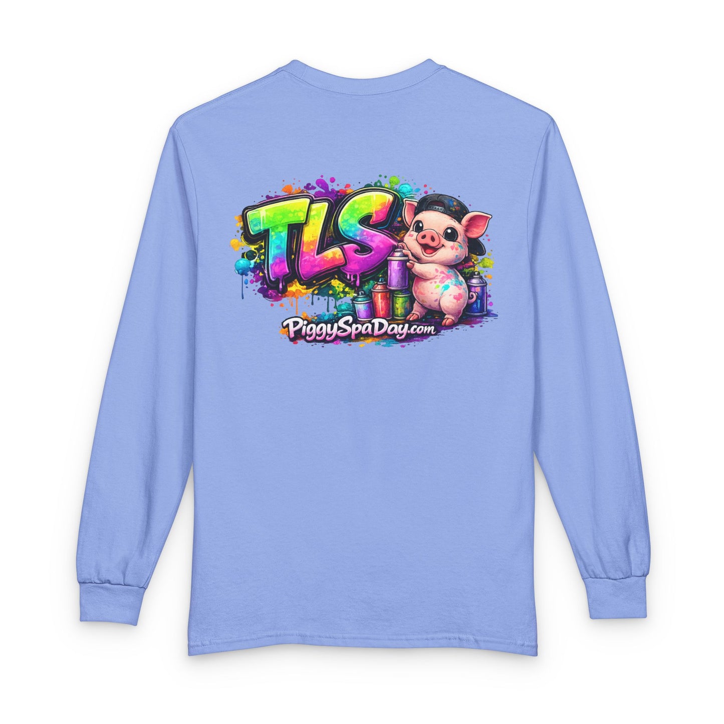 Long Sleeve T-Shirt — Colorful "TLS" Pig Logo, Cute PiggySpaDay Graphic