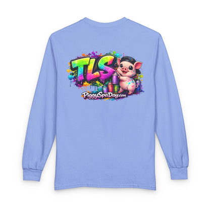 Long Sleeve T-Shirt — Colorful "TLS" Pig Logo, Cute PiggySpaDay Graphic