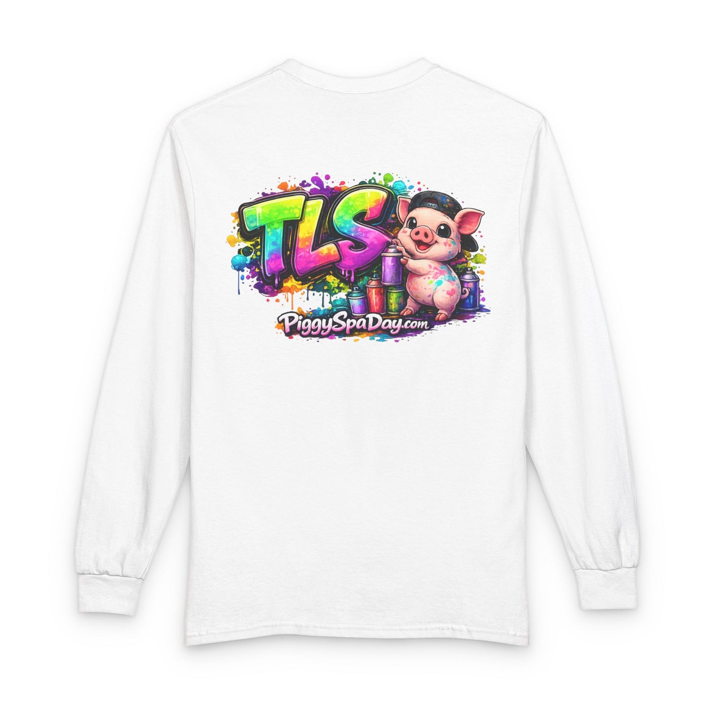 Long Sleeve T-Shirt — Colorful "TLS" Pig Logo, Cute PiggySpaDay Graphic
