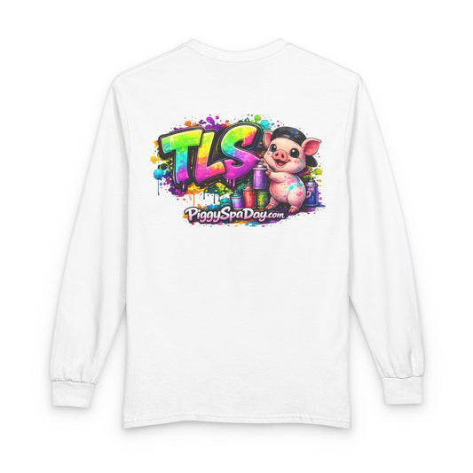 Long Sleeve T-Shirt — Colorful "TLS" Pig Logo, Cute PiggySpaDay Graphic