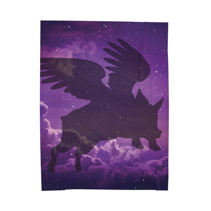 Purple Night With Flying Pig Velveteen Plush Blanket