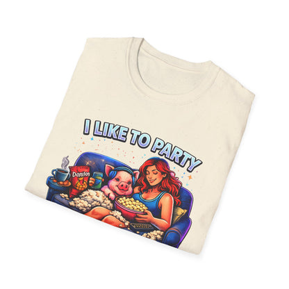 I Like to Party T-Shirt — Funny Mini Pig Couch & Snacks Graphic Tee