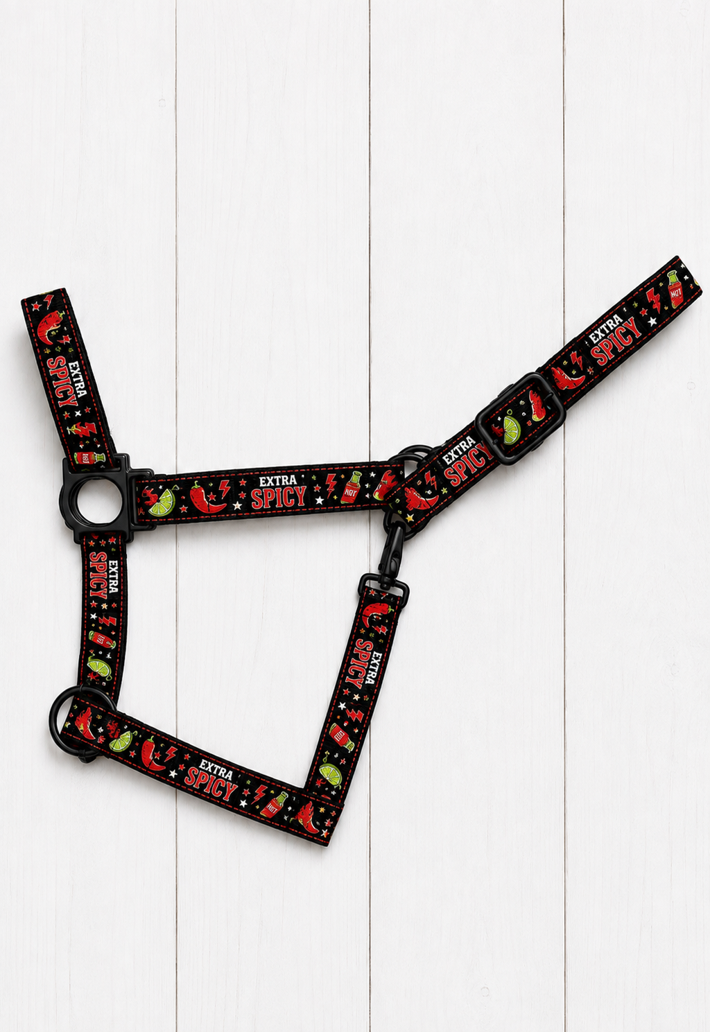Extra Spicy Horse Halter | Chili Pepper Print Nylon Halter | Funny Horse Tack | Adjustable Horse Halter | Black Red Lime Tack