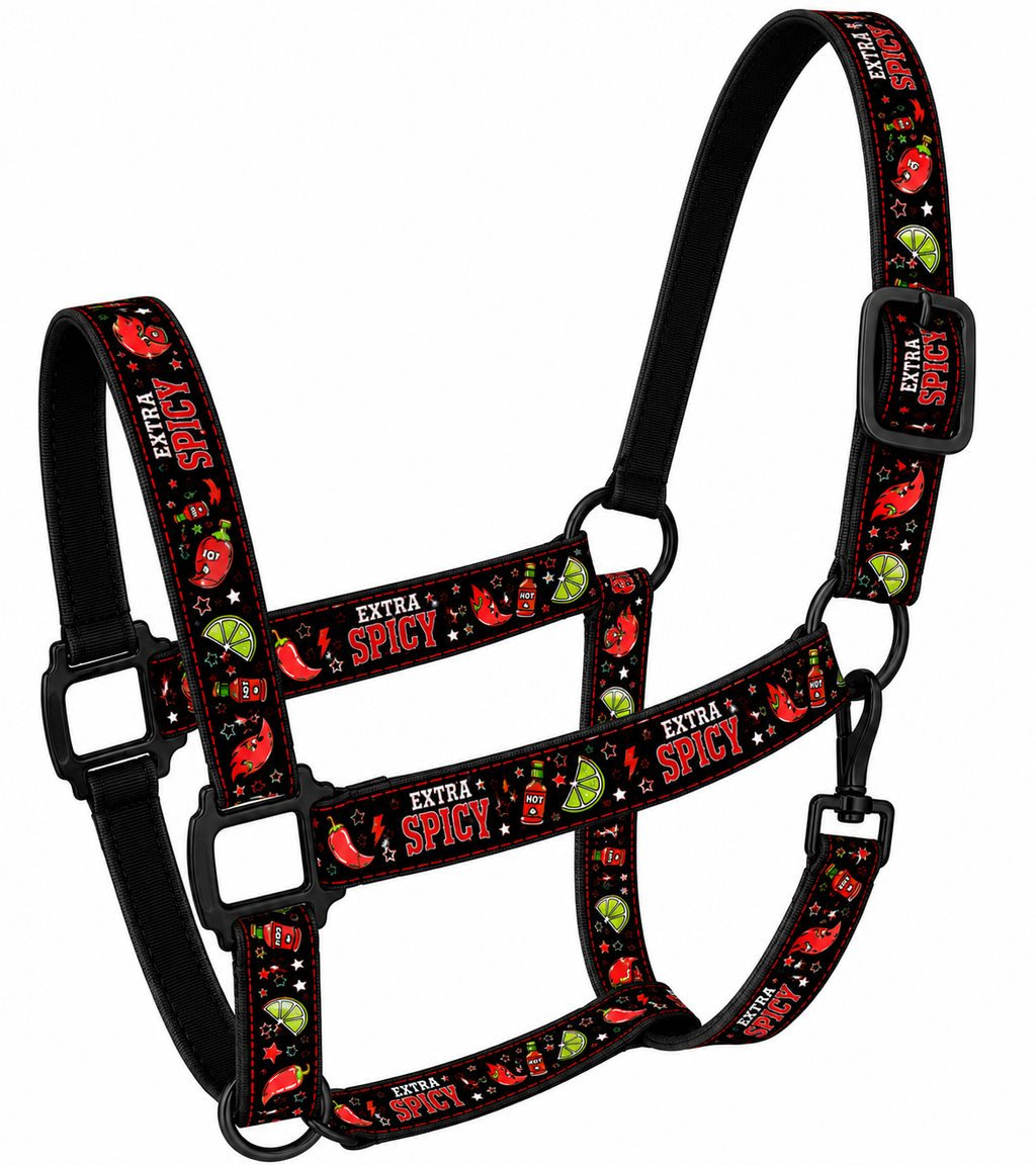 Extra Spicy Horse Halter | Chili Pepper Print Nylon Halter | Funny Horse Tack | Adjustable Horse Halter | Black Red Lime Tack