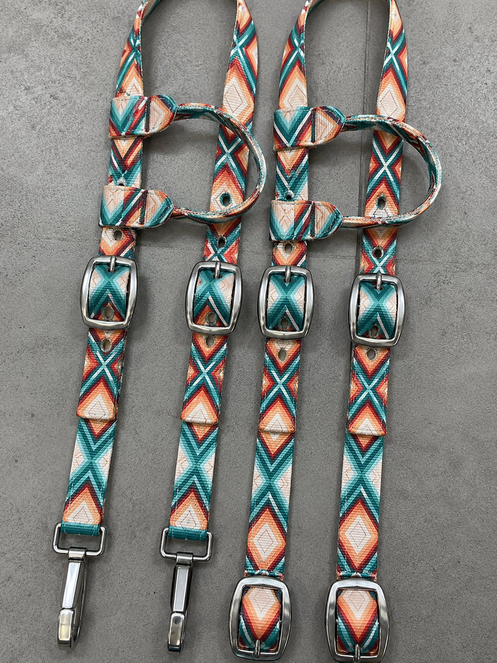 Southwestern Aztec Nylon Horse Headstall  Single Ear Turquoise and Coral Western Tack  Full Size