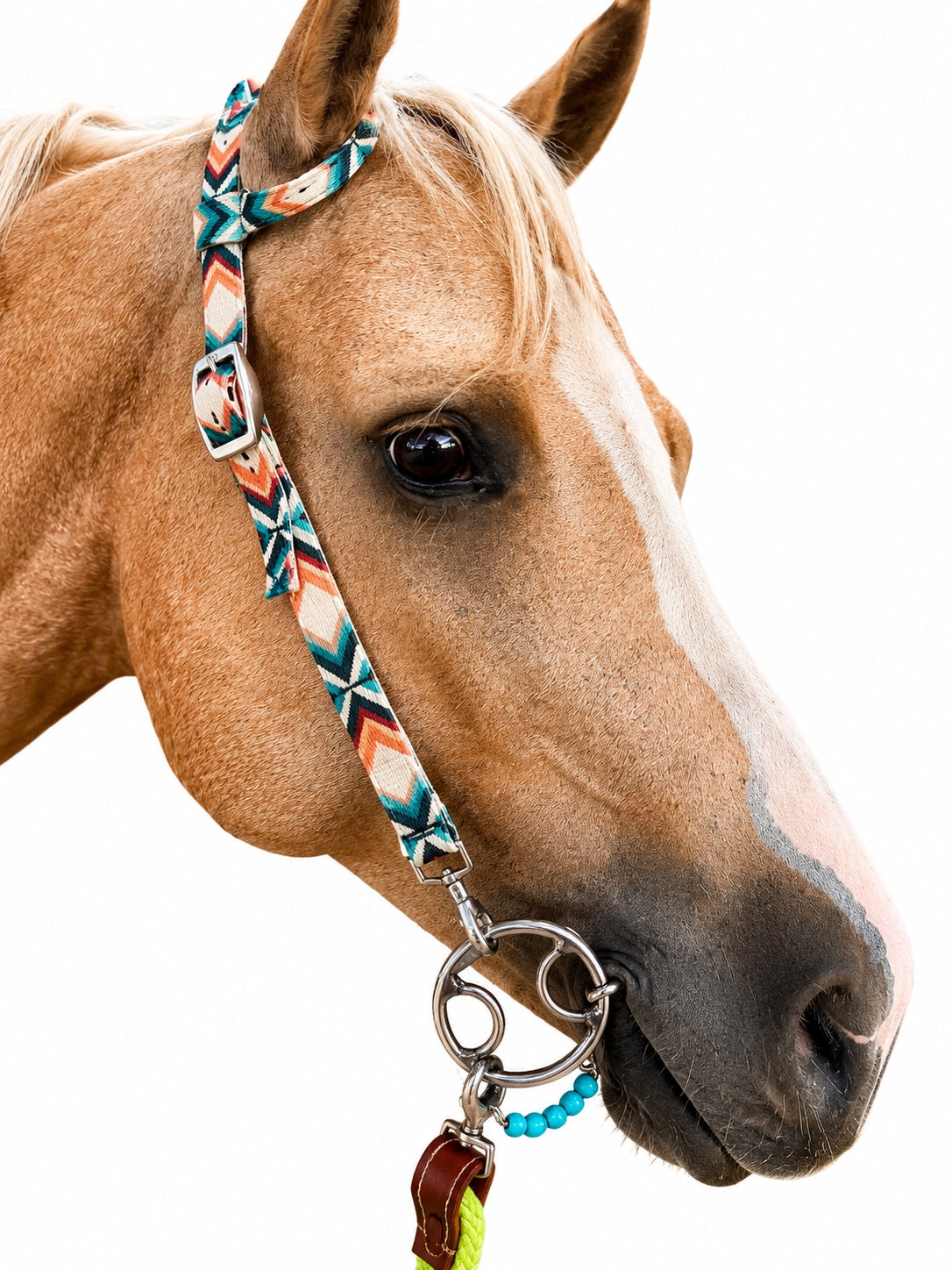 Southwestern Aztec Nylon Horse Headstall  Single Ear Turquoise and Coral Western Tack  Full Size